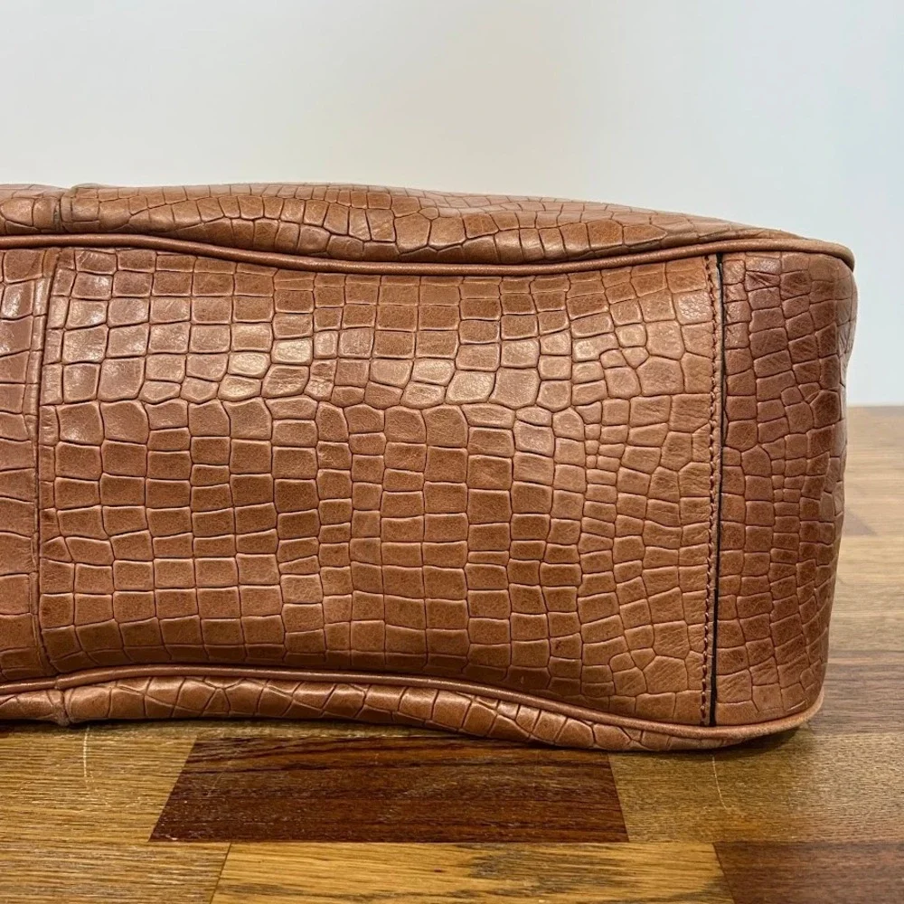 Tahari Crocodile Embossed Leather Hobo Bag Large Cognac Tote Gold Hardware Boho